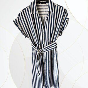 Zara Short Sleeve Linen Cotton Blend Belted Maxi Dress